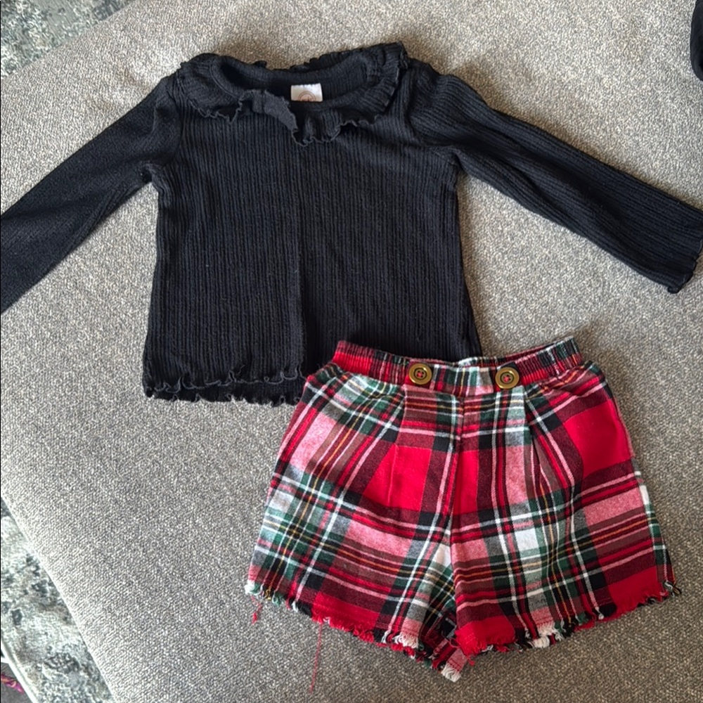 Wonder Nation Black Top and Red Plaid Shorts Set